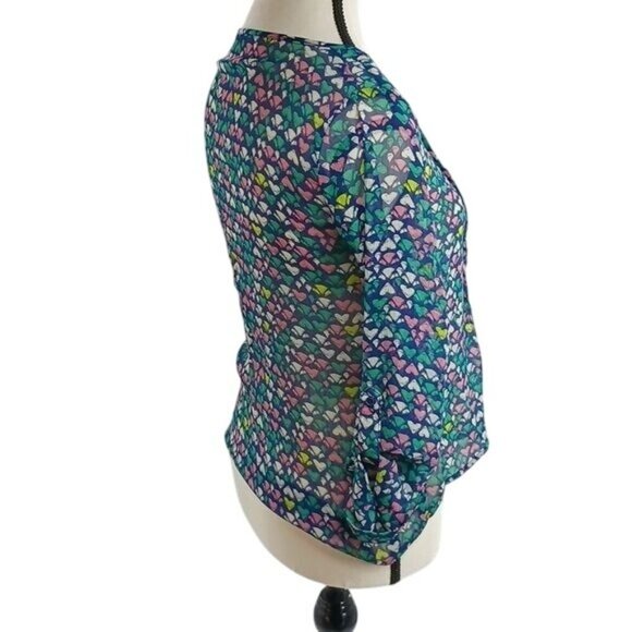 Mossimo Womens Size XS Blouse Multicolor Heart Print Sheer Long Sleeve Top - Picture 4 of 7